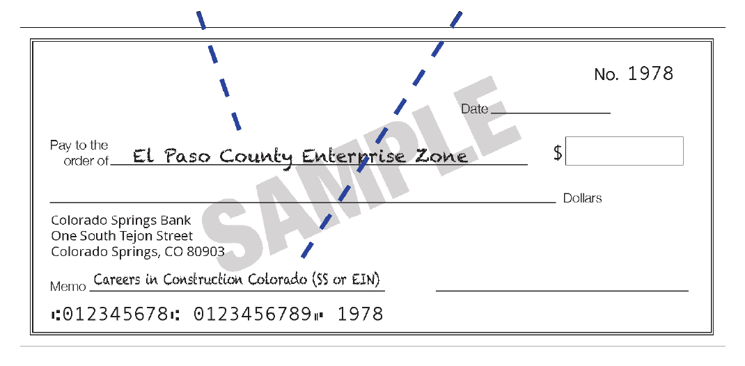 Picture of check made payable to El Paso County Enterprise Zone. Memo field shows Careers in Construction Colorado and last 4 digits of SS number.<br />
